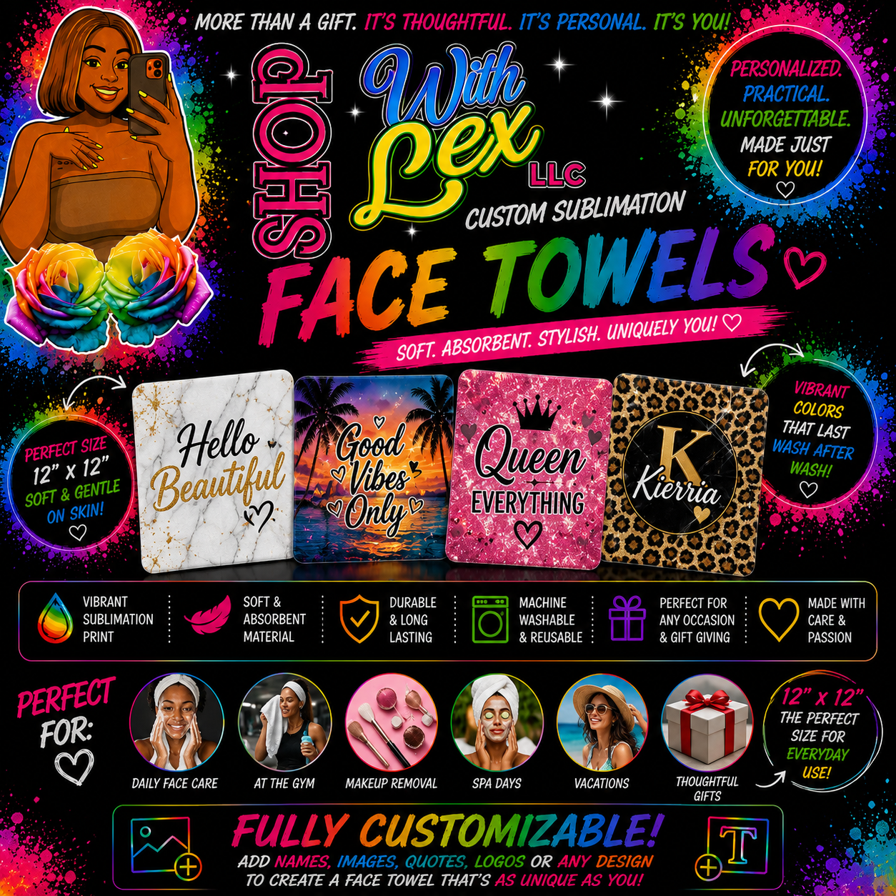 🧼 Custom Sublimation Face Towels — 12” x 12”