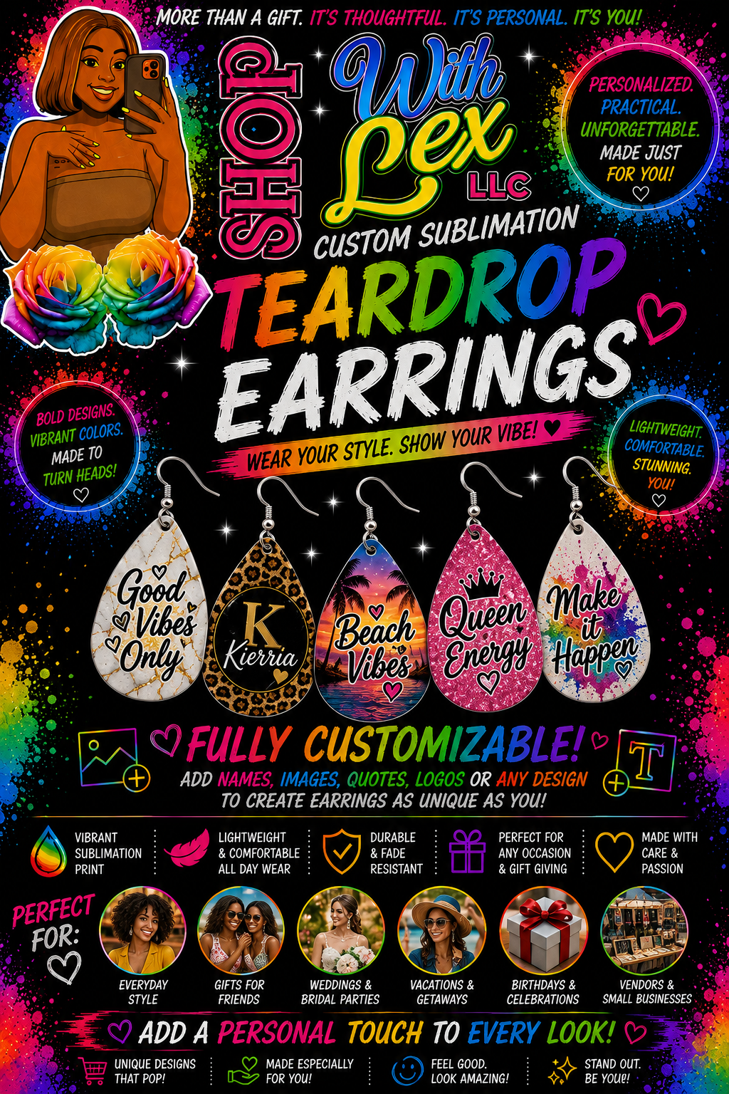 💧 Custom Sublimation Teardrop Earrings